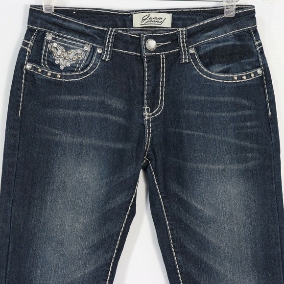 Gumm Junior Womens Embellished Jeans 5/6 Flap Pockets Rhinestone Button Slim Leg - Picture 2 of 10